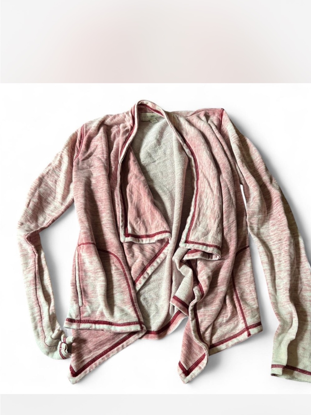Lucky Brand Pink Marled Open-Front Cardigan with Contrast Trim